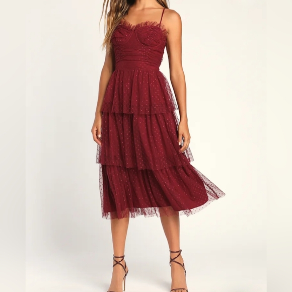 Lulus Dresses & Skirts - NWT Lulu's Sweetheart Style Burgundy Polka Dot Bustier Tiered Midi Dress Size L